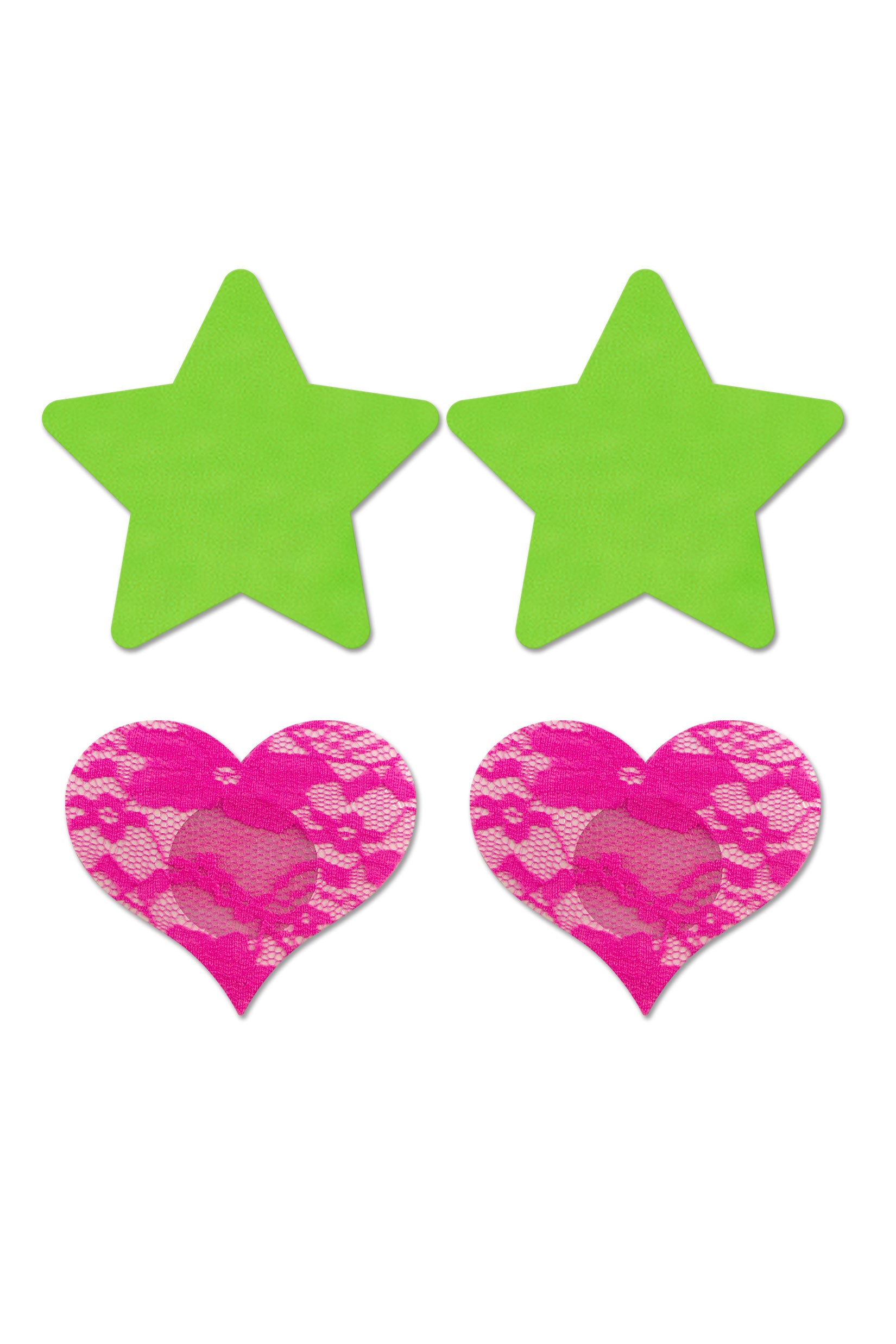 "Fashion Pasties Set - Neon Green Solid Star and Neon Pink Lace Heart FL-FLA101NEON"