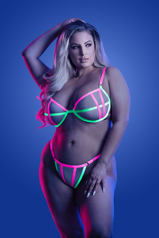 "Head Rush Contrast Bra and Panty - Queen - Neon Pink FL-GL2132-QS-B"